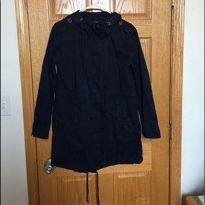 Navy blue hooded windbreaker